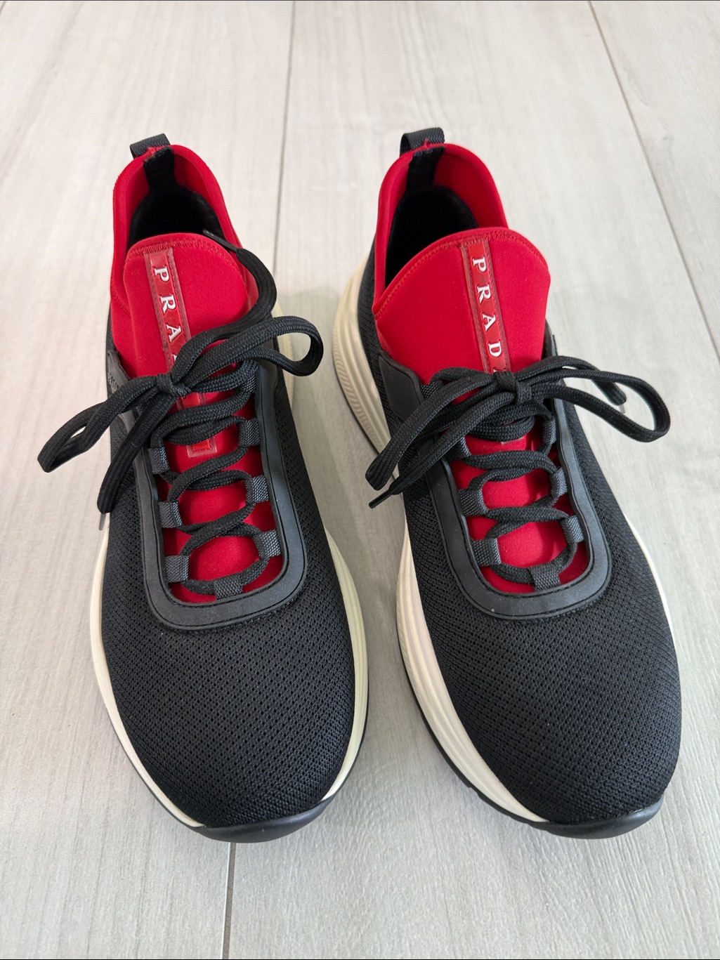 Prada Black And Red Men’s Knit Lace-Up Sneakers